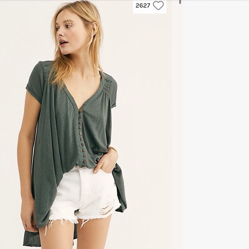 Free People Oversized Highland Tee T Shirt Button Front Army Green S